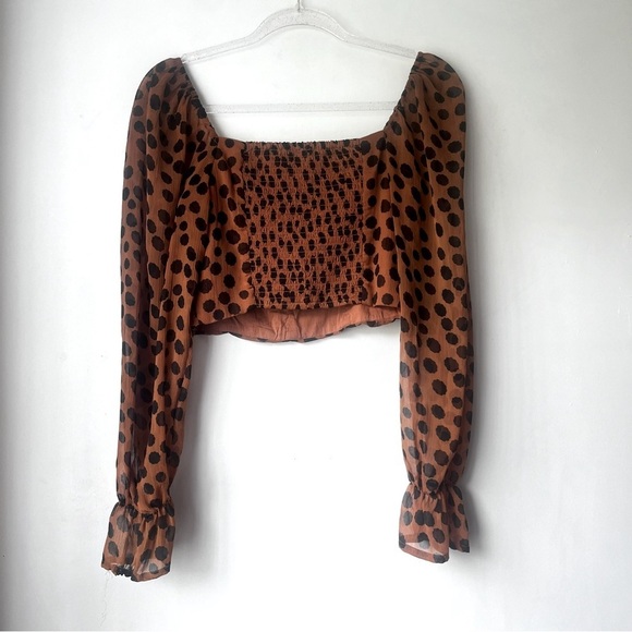 Free People Parker Brown Spotted Cropped Sheer Sleeve Crop Top XS - Picture 7 of 7